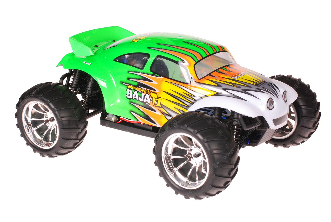 Himoto 1:10 EMXT-1BL Brushless RC Monster Truck Baja Beetle Green Flames - Chromfelgen